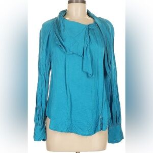Blue Long Sleeve Tie Front Relaxed Blouse